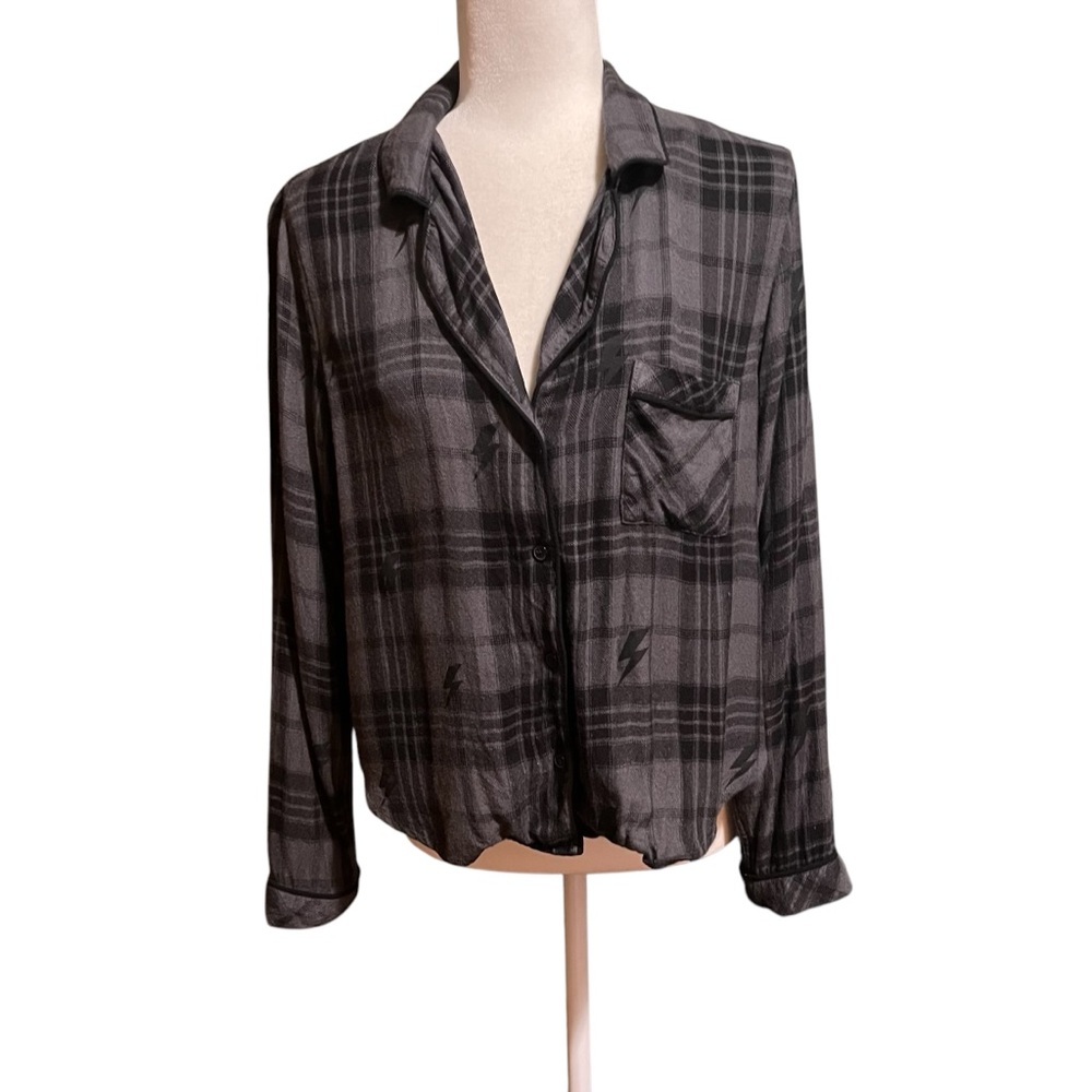 Rails Kellen Charcoal Jet Lightning cropped flannel lounge shirt - Picture 3 of 14